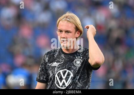 Julian BRANDT (GER) warming up, gesture, skeptical, action, single image, cropped single motif, portrait, portrait, portrait, soccer UEFA Nations League, group phase 1st matchday Italy (ITA) - Germany (GER) 1-1, on 04.06. 2022, Renato Dall `Ara Stadium Bologna Stock Photo